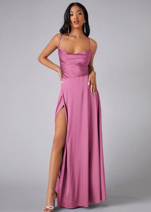 Cardydony Women's Satin Cowl Neck Prom Dress with Open Back and Slit – Elegant Maxi Gown
