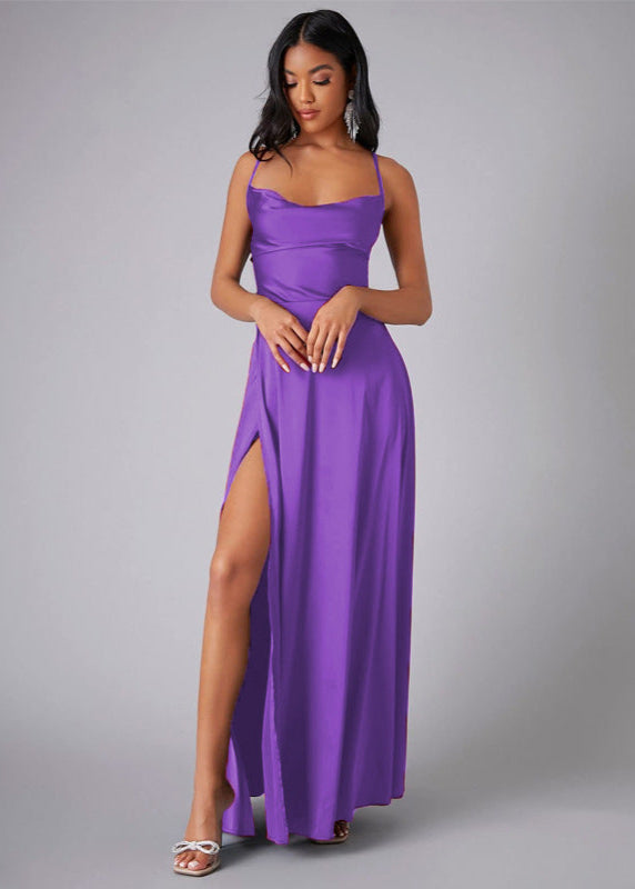 Cardydony Women's Satin Cowl Neck Prom Dress with Open Back and Slit – Elegant Maxi Gown