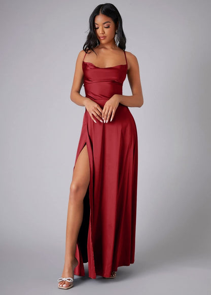 Cardydony Women's Satin Cowl Neck Prom Dress with Open Back and Slit – Elegant Maxi Gown