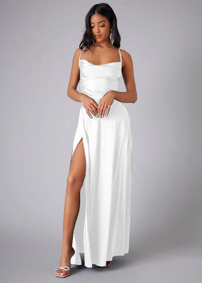 Cardydony Women's Satin Cowl Neck Prom Dress with Open Back and Slit – Elegant Maxi Gown