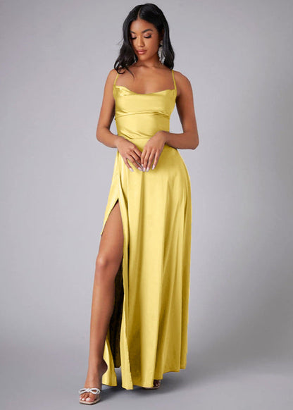 Cardydony Women's Satin Cowl Neck Prom Dress with Open Back and Slit – Elegant Maxi Gown