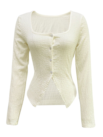 Cardydony Women's Women's Square Neck Long Sleeve Crop Top – Button Front Slim Fit Rib Knit