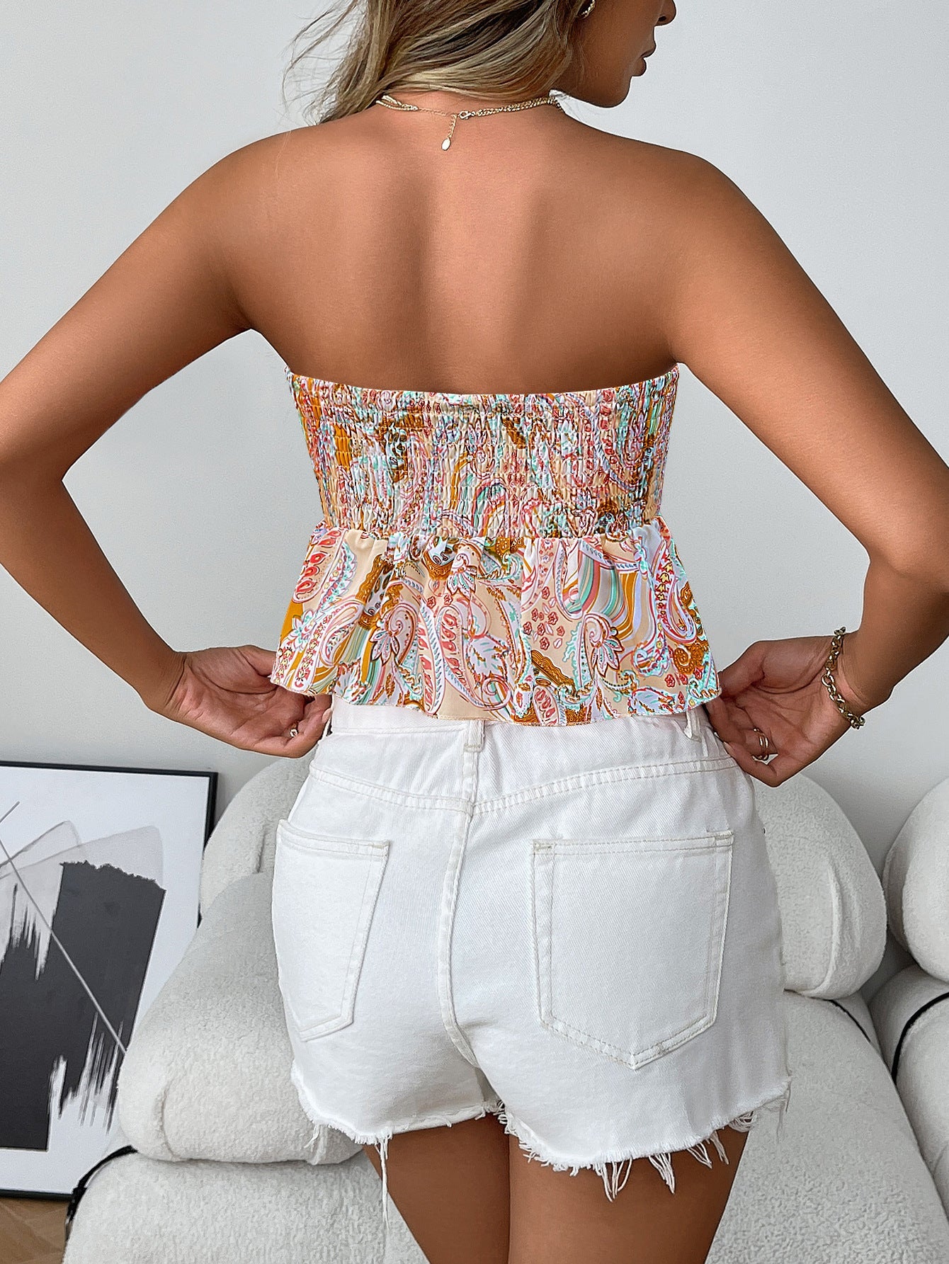 Cardydony Women's Smocked Boho Print Strapless Tube Top with Flare Hem – Sexy Summer Blouse