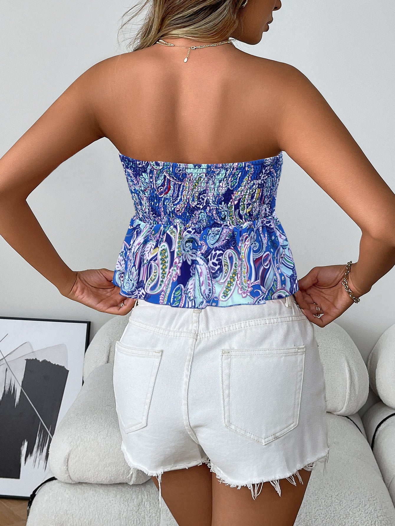 Cardydony Women's Smocked Boho Print Strapless Tube Top with Flare Hem – Sexy Summer Blouse