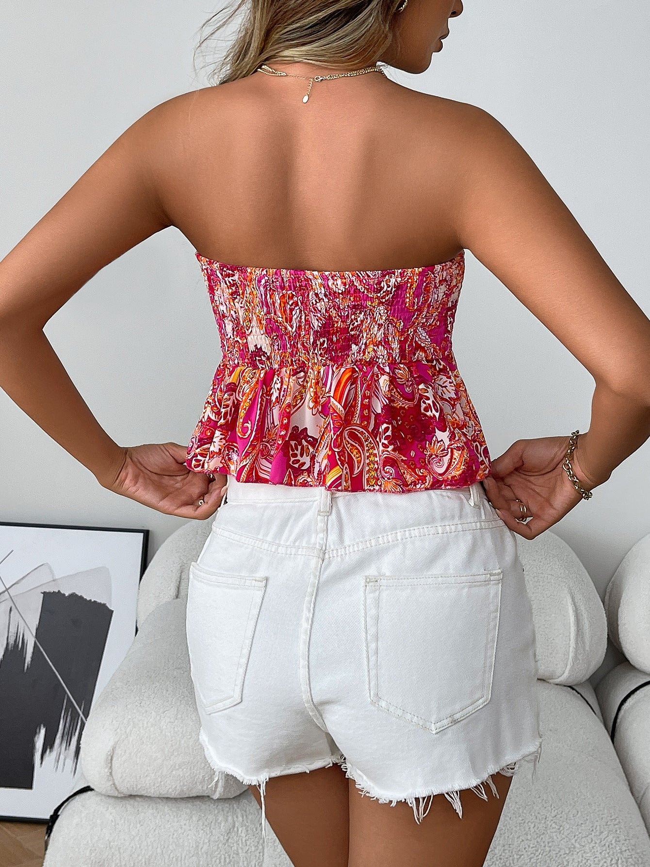 Cardydony Women's Smocked Boho Print Strapless Tube Top with Flare Hem – Sexy Summer Blouse