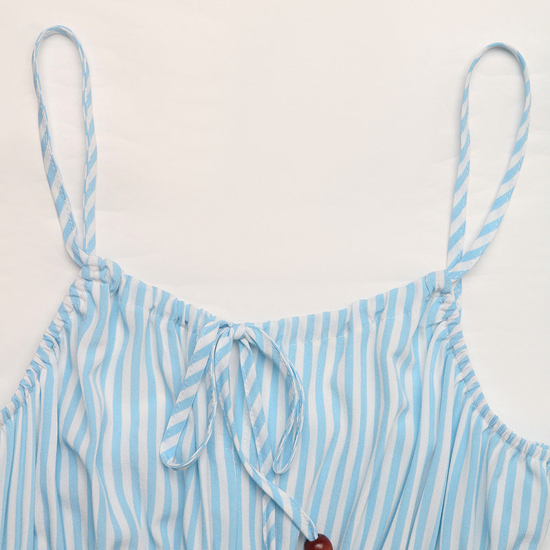 Cardydony Women's Blue Striped Cami Midi Dress – Smocked Waist Summer Dress with Button Detail