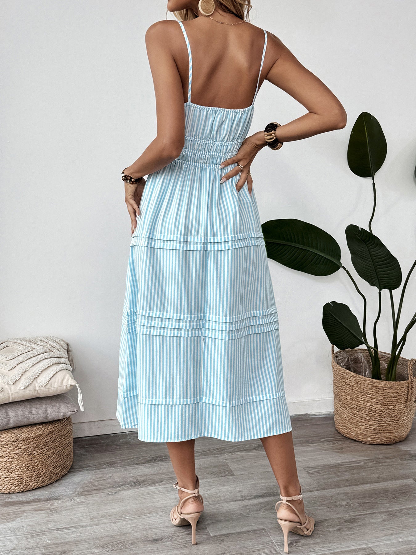 Cardydony Women's Blue Striped Cami Midi Dress – Smocked Waist Summer Dress with Button Detail