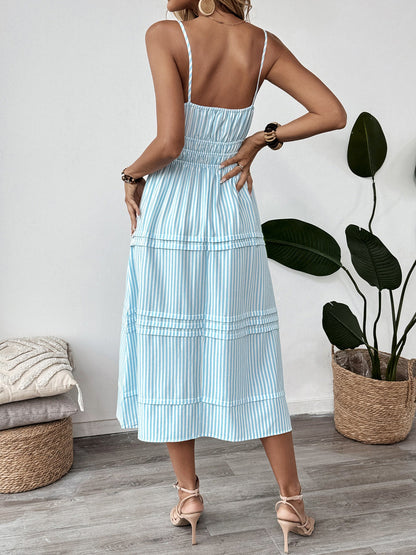 Cardydony Women's Blue Striped Cami Midi Dress – Smocked Waist Summer Dress with Button Detail