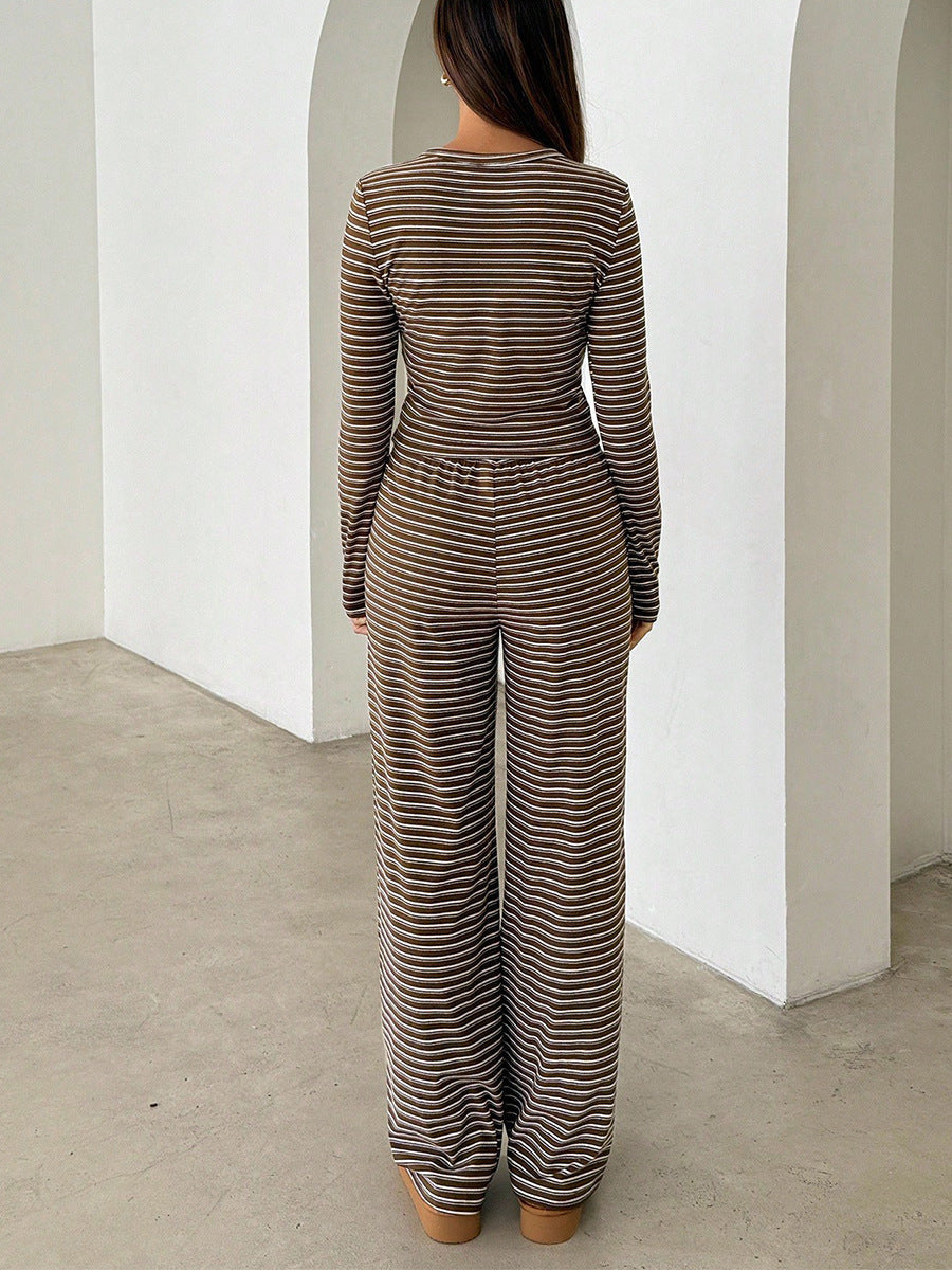 Cardydony Women's Striped Knit Ladies Co Ord Set –  Long Sleeve Crop Top & Wide Leg Pants Outfit