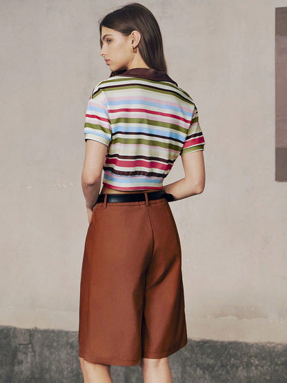 Cardydony Women's Colorful Striped Crop Polo Shirt with Retro Collar – Summer Preppy Top