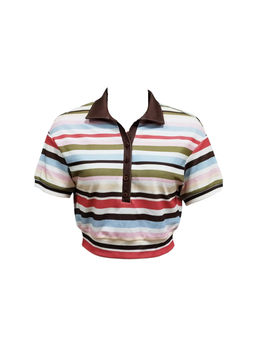 Cardydony Women's Colorful Striped Crop Polo Shirt with Retro Collar – Summer Preppy Top