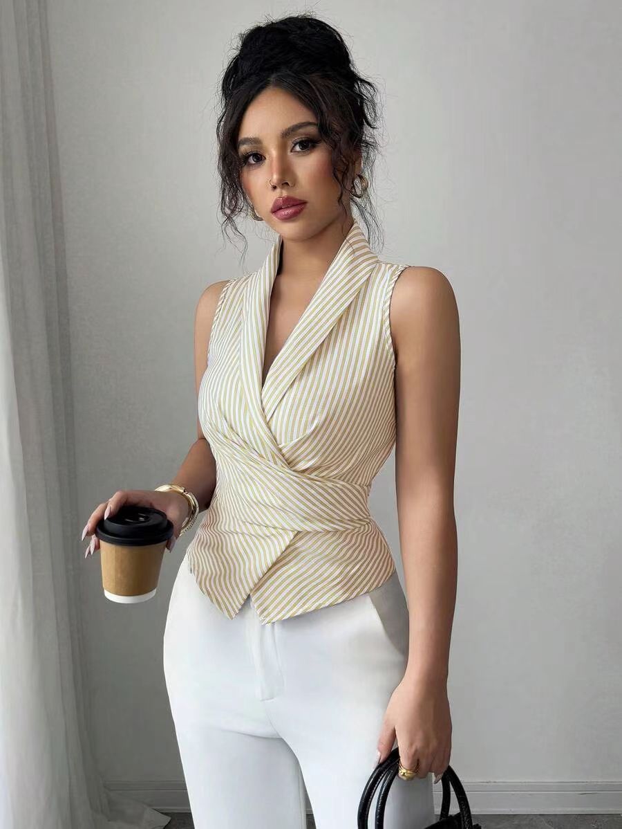 Cardydony Women's Striped Sleeveless Halter Blouse with Tie Waist – Summer Office Shirt for Women