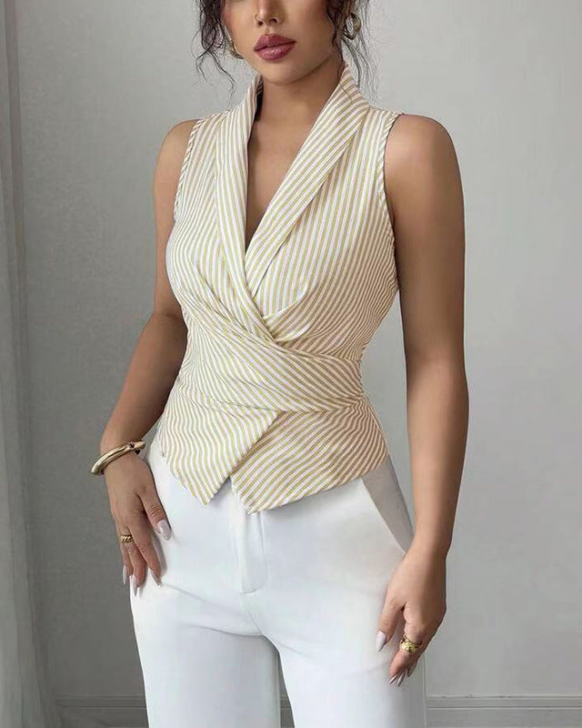 Cardydony Women's Striped Sleeveless Halter Blouse with Tie Waist – Summer Office Shirt for Women