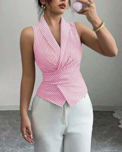 Cardydony Women's Striped Sleeveless Halter Blouse with Tie Waist – Summer Office Shirt for Women
