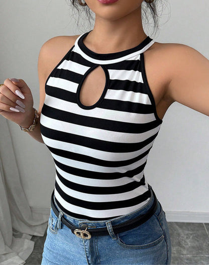 Cardydony Women's Black and White Striped Keyhole Tank Top – Fitted Sleeveless Summer Top