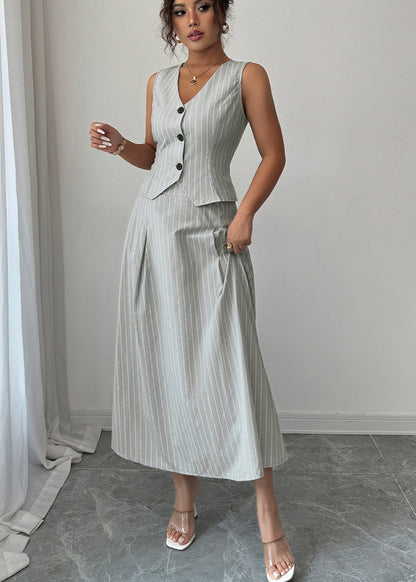 Cardydony Women's Two Piece Skirt Set with Striped Vest and Midi Skirt – Summer Co-ord