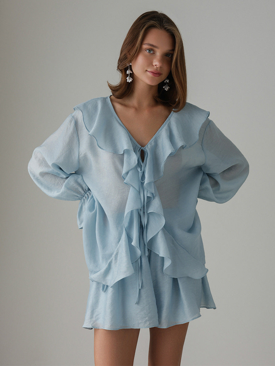 Cardydony Women's Tencel Ruffle Shirt and Shorts Set – Flowy Summer Two-Piece Outfit