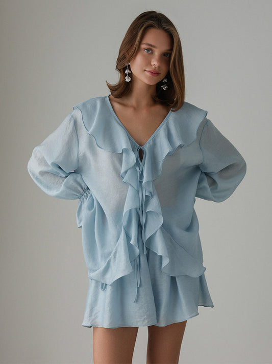 Cardydony Women's Tencel Ruffle Shirt and Shorts Set – Flowy Summer Two-Piece Outfit