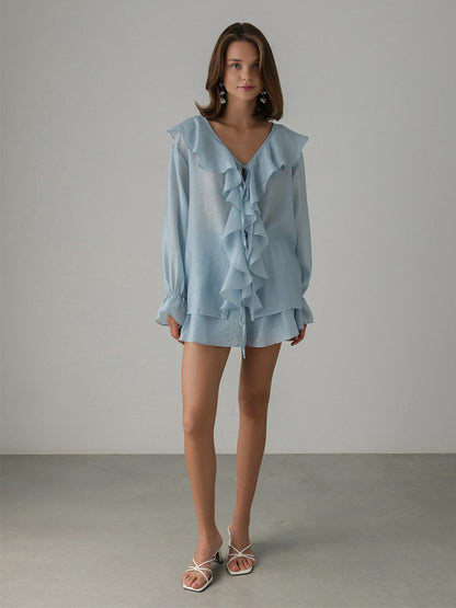 Cardydony Women's Tencel Ruffle Shirt and Shorts Set – Flowy Summer Two-Piece Outfit