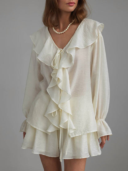 Cardydony Women's Tencel Ruffle Shirt and Shorts Set – Flowy Summer Two-Piece Outfit