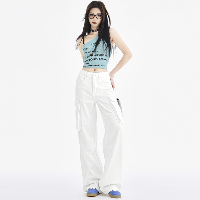 Cardydony Women's White Wide Leg Cargo Jeans – High Waist Loose Fit