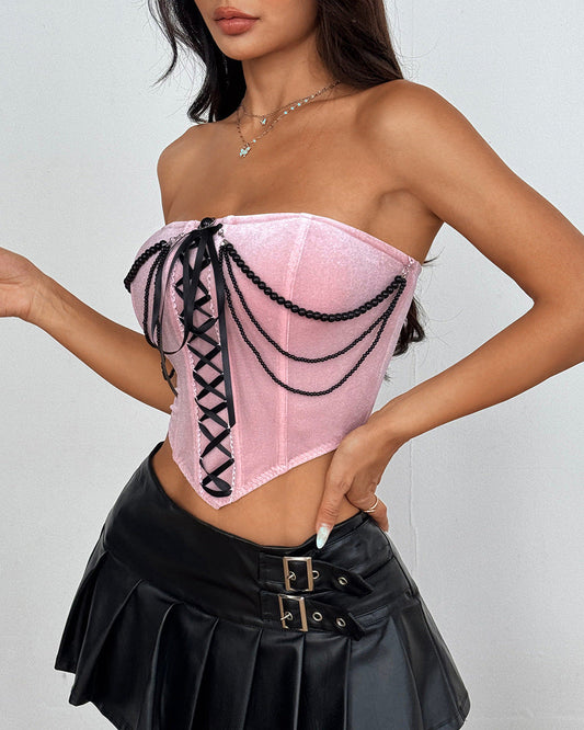 Cardydony Women's Velvet Strapless Corset Top | Pearl Lace-Up Bustier in Pink and Black Glam Styles