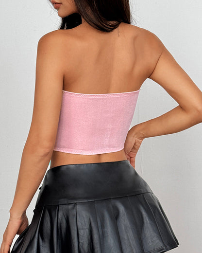 Cardydony Women's Velvet Strapless Corset Top | Pearl Lace-Up Bustier in Pink and Black Glam Styles