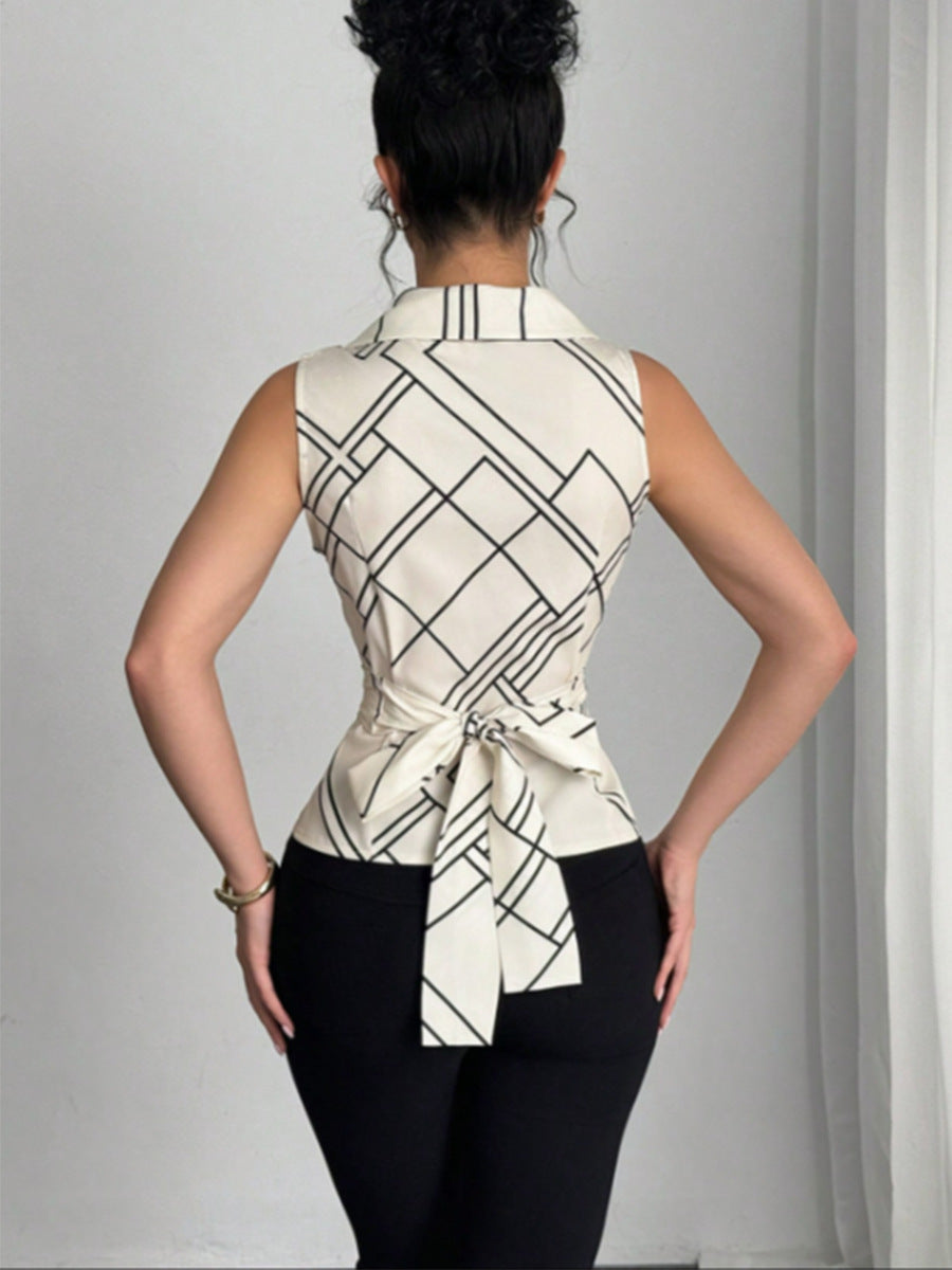 Cardydony Women's Sleeveless V Neck Blouse with Waist Tie | Printed Summer Top for Women