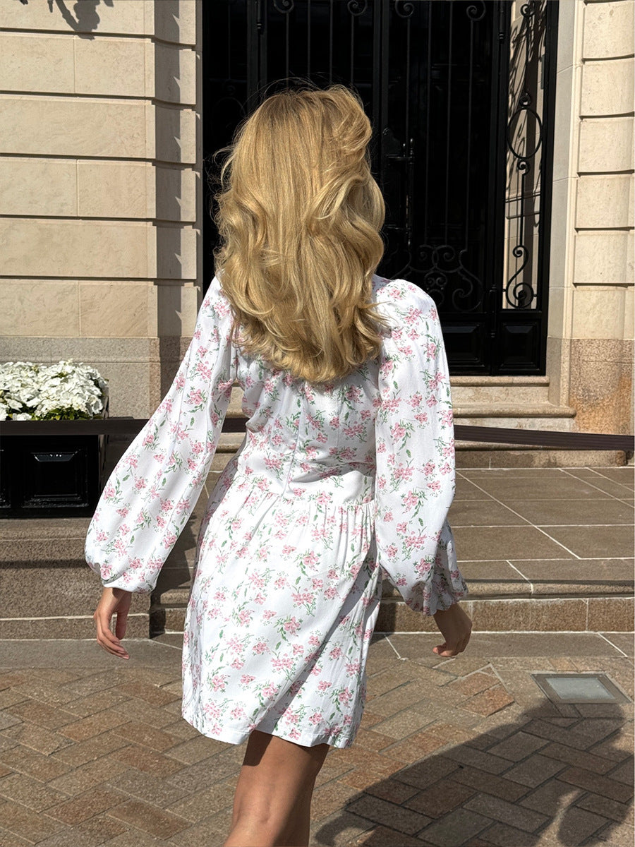 Cardydony Women's V-Neck Floral Mini Dress with Lantern Sleeves | Sweet White Dress for Summer Days