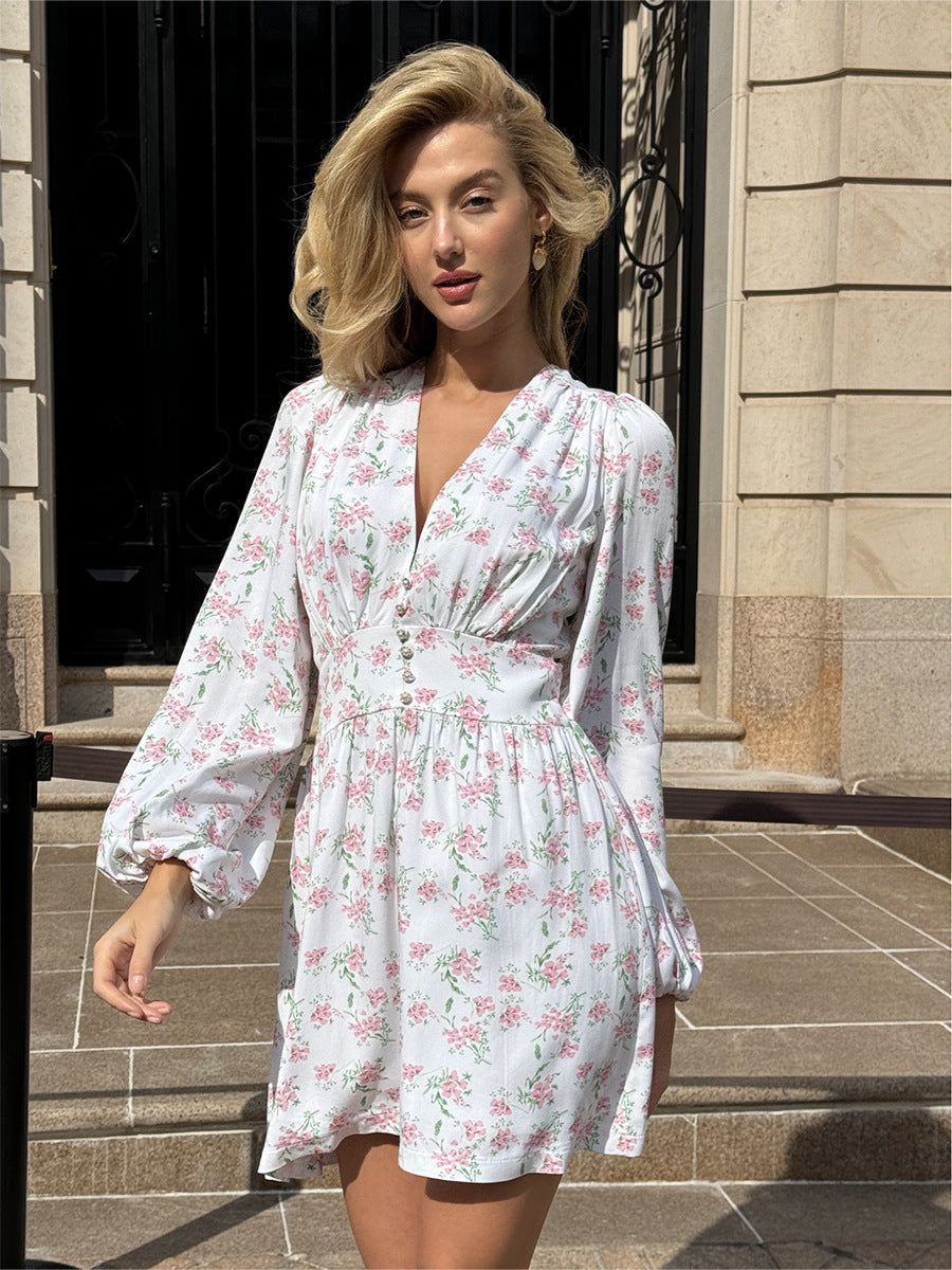 Cardydony Women's V-Neck Floral Mini Dress with Lantern Sleeves | Sweet White Dress for Summer Days