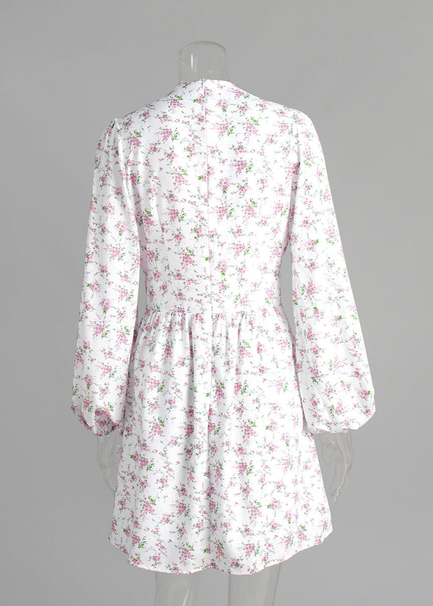Cardydony Women's V-Neck Floral Mini Dress with Lantern Sleeves | Sweet White Dress for Summer Days
