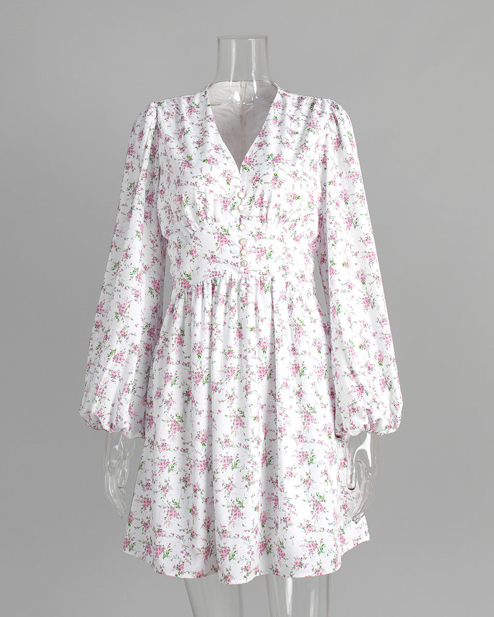Cardydony Women's V-Neck Floral Mini Dress with Lantern Sleeves | Sweet White Dress for Summer Days