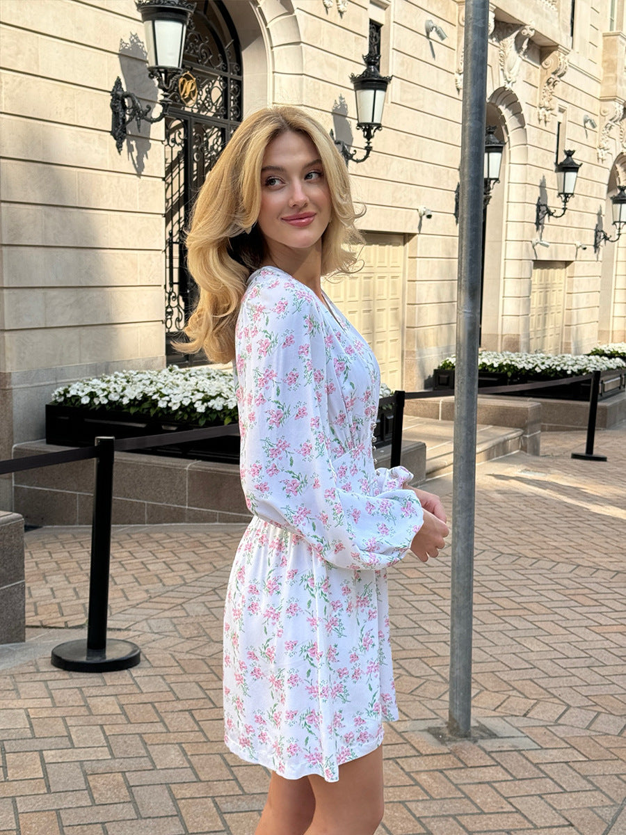 Cardydony Women's V-Neck Floral Mini Dress with Lantern Sleeves | Sweet White Dress for Summer Days