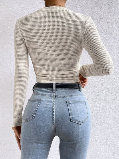 Cardydony Women's Women's Waffle Knit Long Sleeve Crop Top – Slim Fit Crewneck Shirt