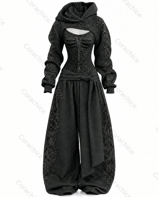 Cardydony Women's Halloween-Themed Printed Fitted Hooded Jumpsuit and Pants Two-Piece