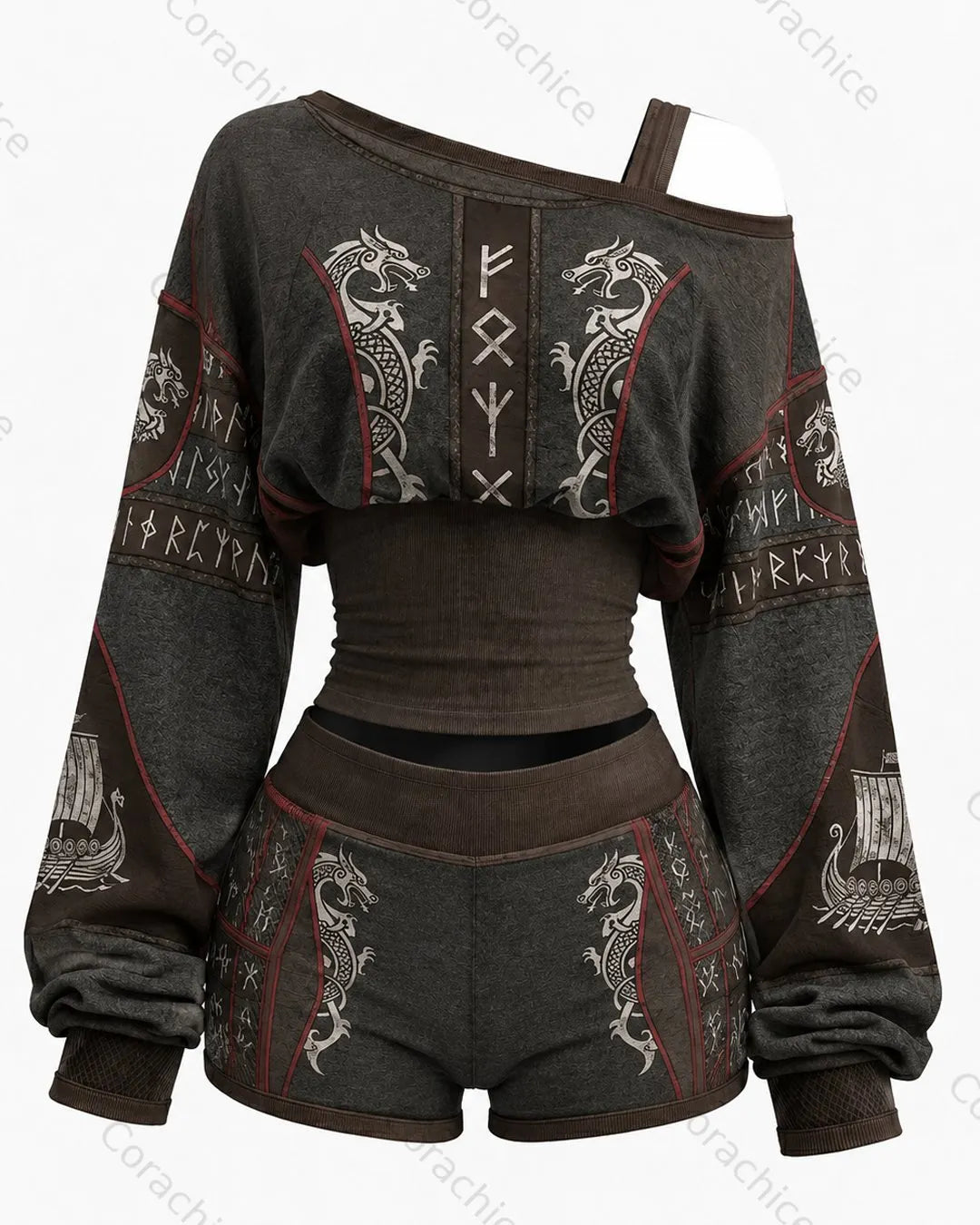 Cardydony Women's Viking-Print Off-the-Shoulder Short-Sleeve T-Shirt and Shorts Two-Piece