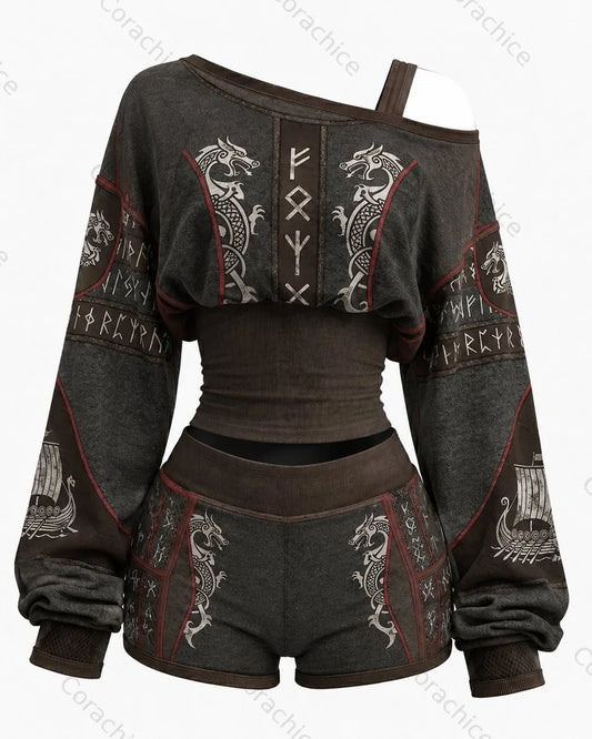 Cardydony Women's Viking-Print Off-the-Shoulder Short-Sleeve T-Shirt and Shorts Two-Piece