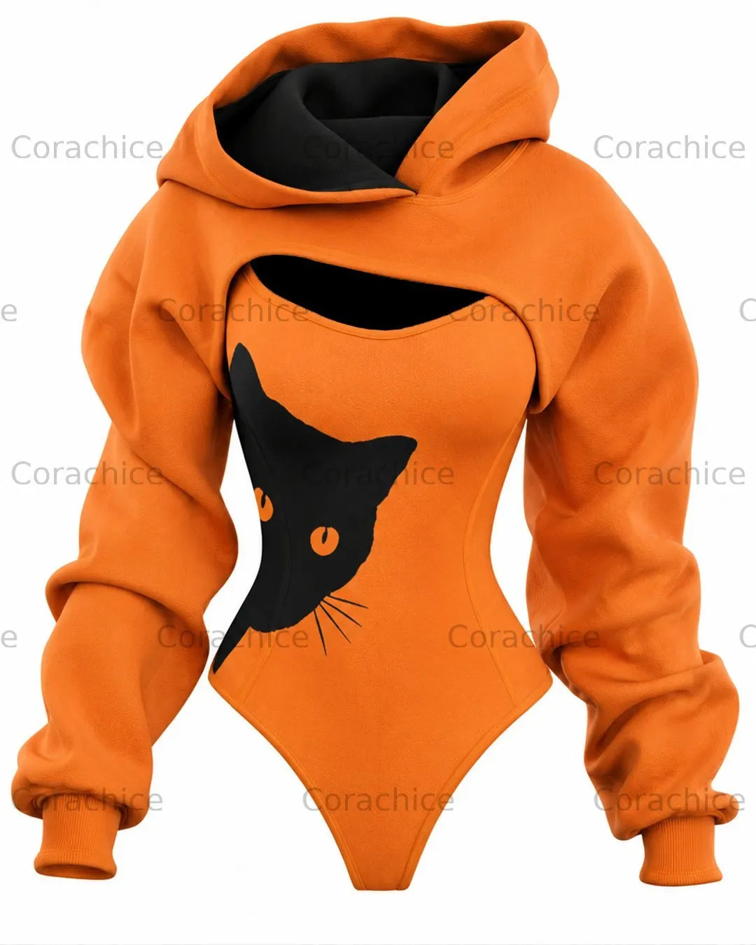 Cardydony Women's Casual Fashion Cute Cat Print Irregular Cut Two-Piece bodysuit