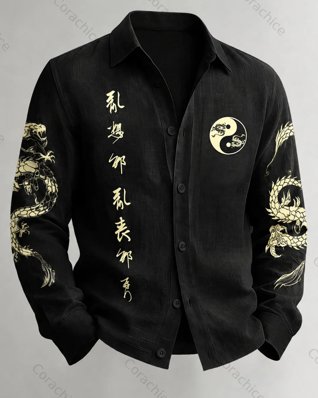 Cardydony Men's Japanese-Style Printed Linen Shirt