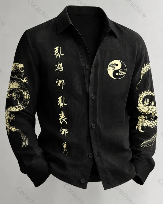 Cardydony Men's Japanese-Style Printed Linen Shirt