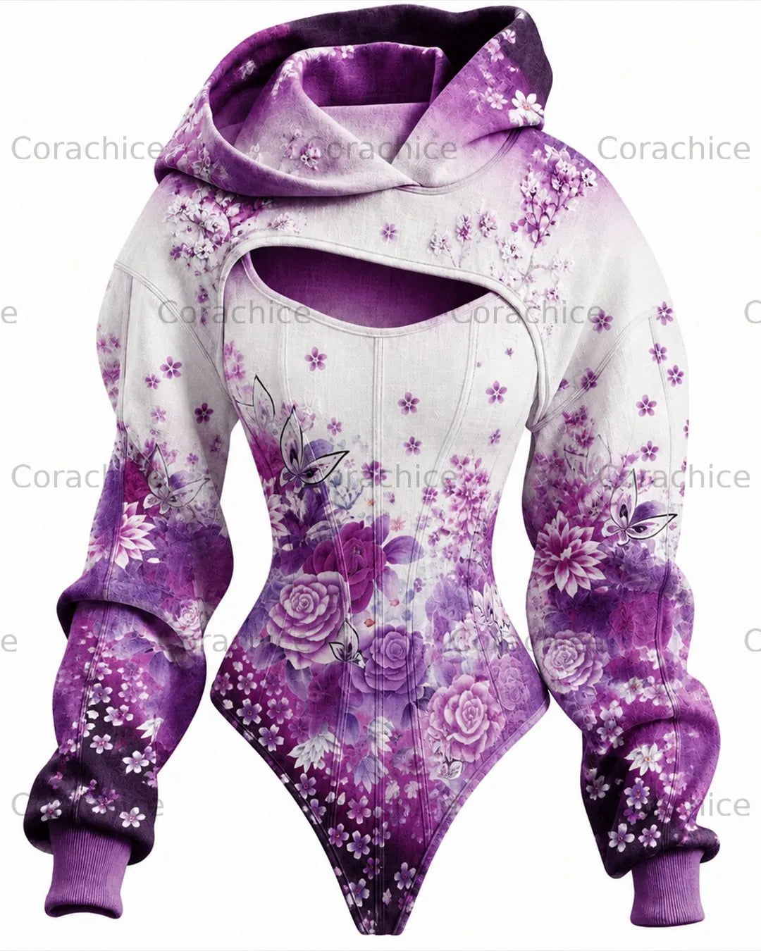 Cardydony Women's Retro Japanese Print Embroidery Irregular Cut Two-Piece Long-Sleeved Bodysuit