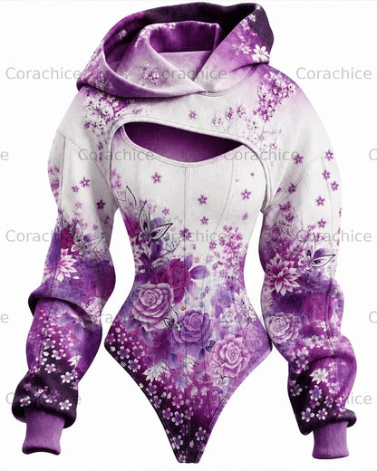 Cardydony Women's Retro Japanese Print Embroidery Irregular Cut Two-Piece Long-Sleeved Bodysuit