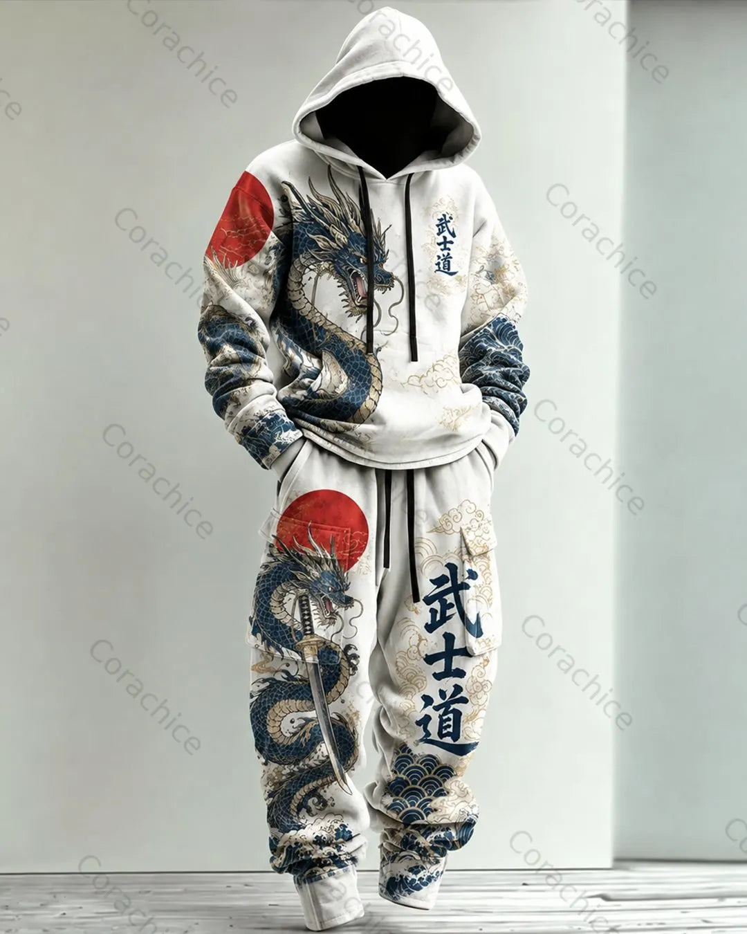 Cardydony Men's Fall and Winter Japanese-Style Printed Hoodie & Pants Two-Piece