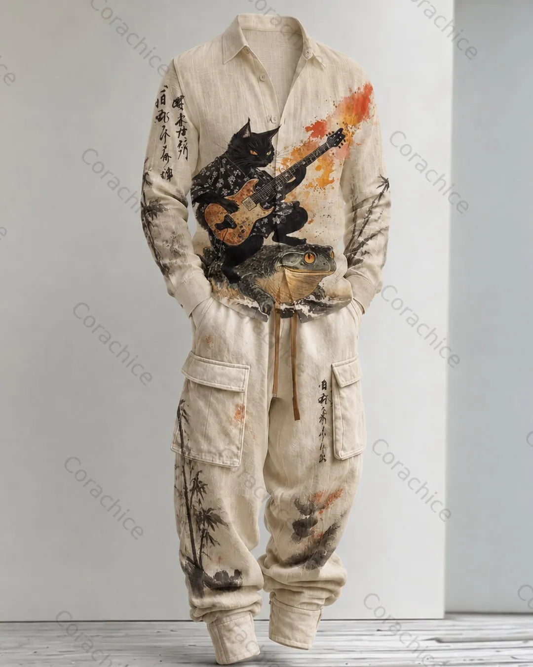 Cardydony Men's Fall and Spring Japanese-Style Printed Linen Shirt & Pants Two-Piece