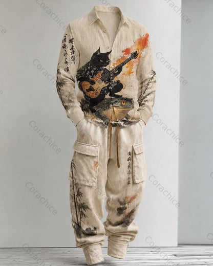 Cardydony Men's Fall and Spring Japanese-Style Printed Linen Shirt & Pants Two-Piece