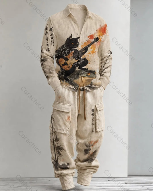 Cardydony Men's Fall and Spring Japanese-Style Printed Linen Shirt & Pants Two-Piece