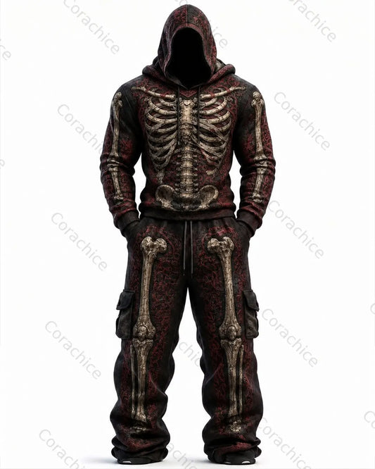 Cardydony Men's Halloween Skeleton Embroidered Hoodie & Pants Two-Piece