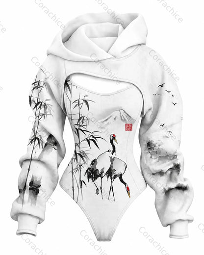 Cardydony Women's Japanese-Style White Crane Print Fitted Hooded Jumpsuit