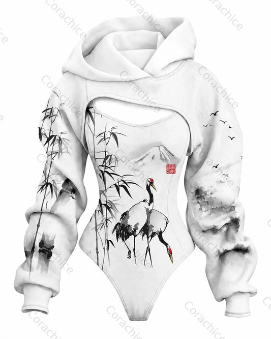 Cardydony Women's Japanese-Style White Crane Print Fitted Hooded Jumpsuit