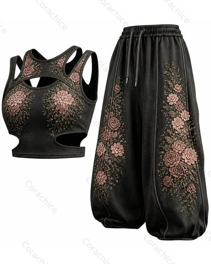 Cardydony Women's Floral Embroidered Gradient Sleeveless Sports Tank Top and Pants Two-Piece Set